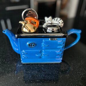 Swineside Ceramics Blue Cook Stove Ceramic Teapot Blue Cat Sleeping Signed 1992